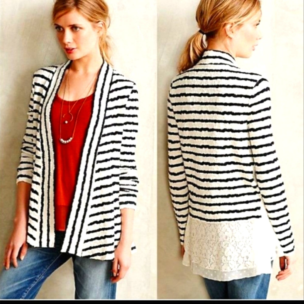 Anthropologie Striped Lace Long Cardigan Sz Small